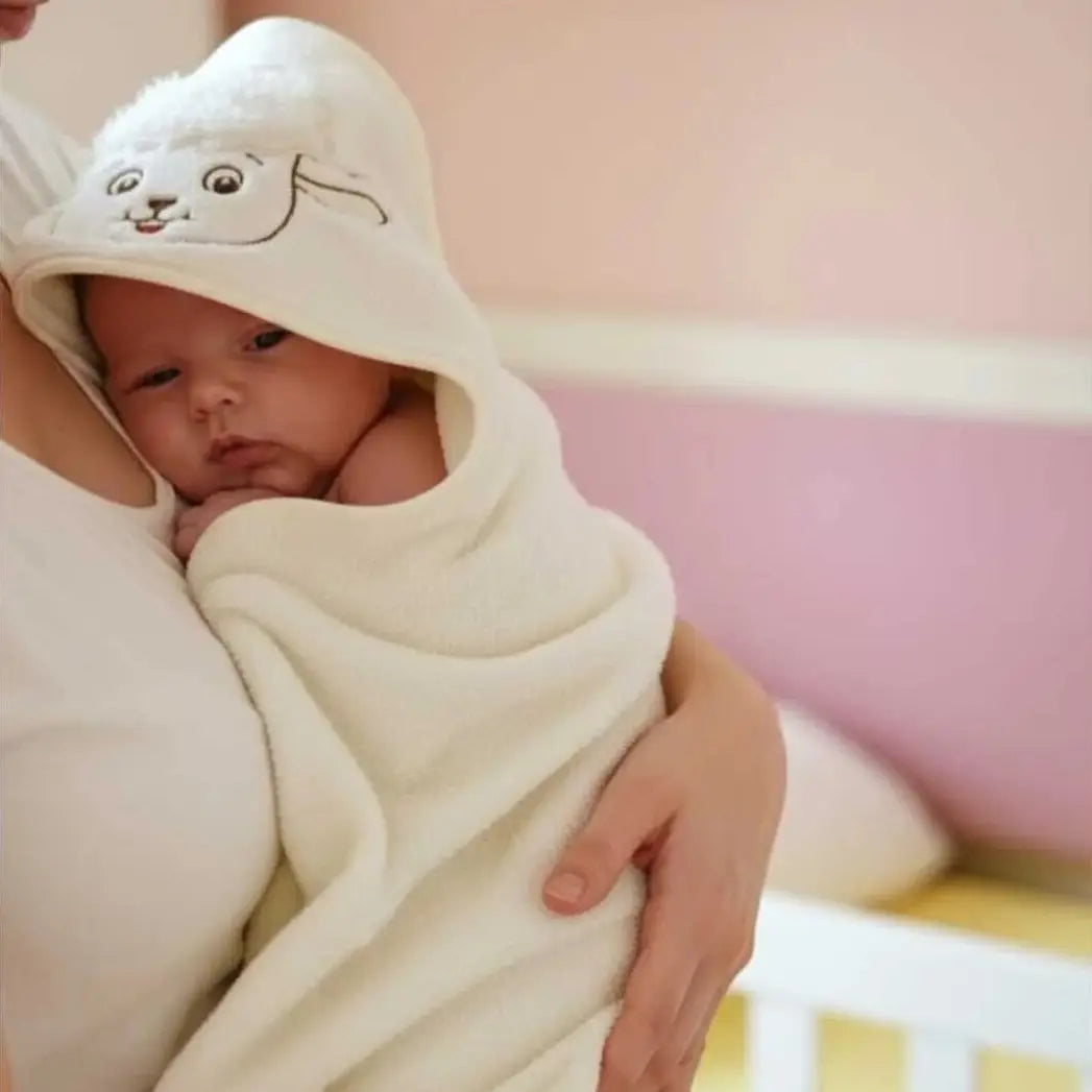 100% Cotton Sheep Baby Hooded Towel & Swaddle Blanket Joy Gift London