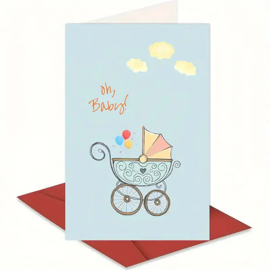 Vintage baby carriage with balloons on blue background with "Oh, Baby!" text