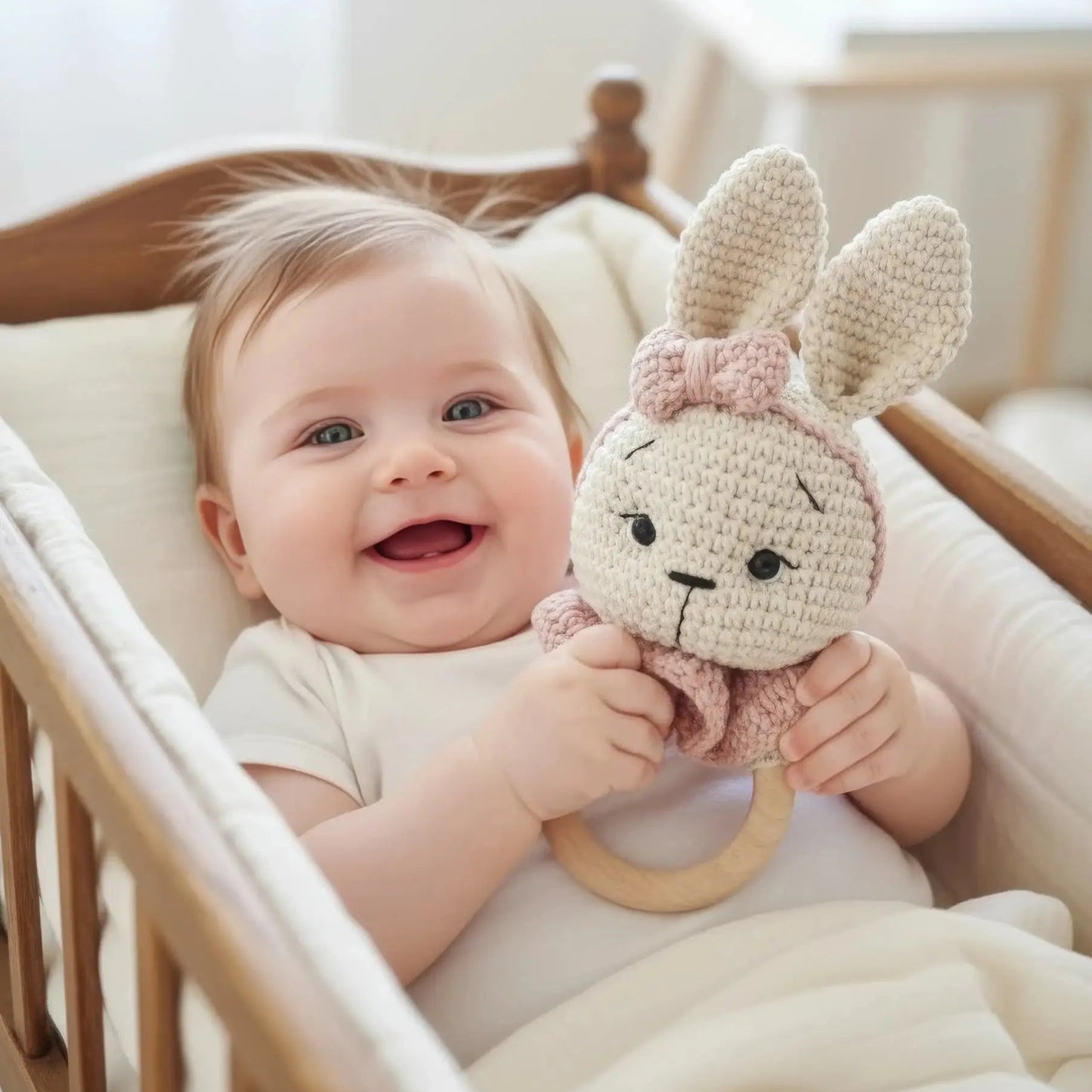 Smiling baby holding crocheted bunny toy in wooden crib with soft white bedding