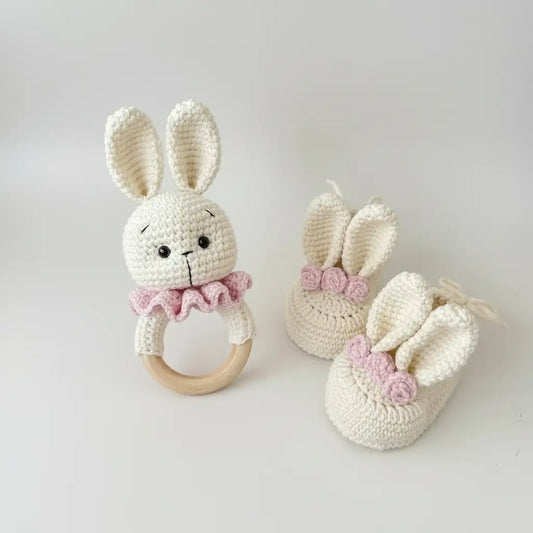 Crochet Cute Bunny Rattle and Bunny Ear Baby Booties Gift Set 2pc Joy Gift London