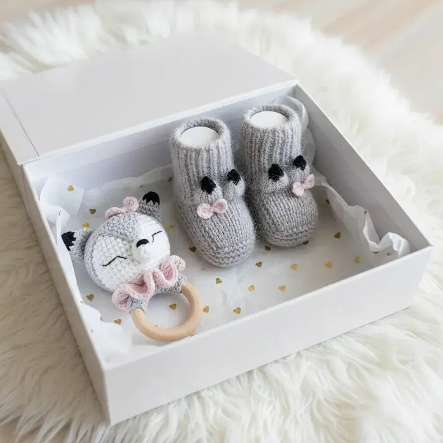 Crochet Cute Bunny Rattle and Bunny Ear Baby Booties Gift Set 2pc White/Red Joy Gift London