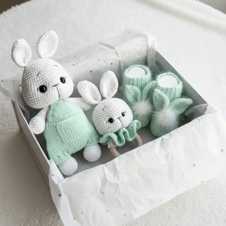 Crochet Cute Bunny Rattle and Bunny Ear Baby Booties Gift Set 2pc White/Red Joy Gift London