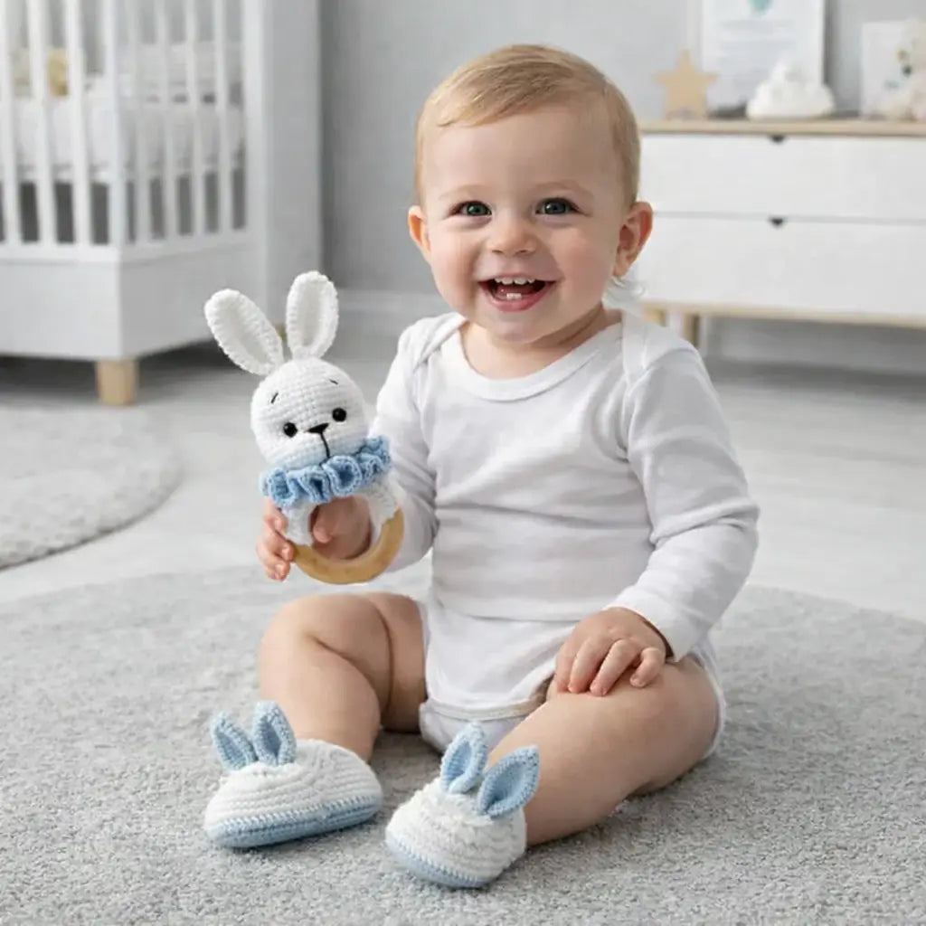 Crochet Cute Bunny Rattle and Rabbit Ear Baby Booties Gift Set Joy Gift London