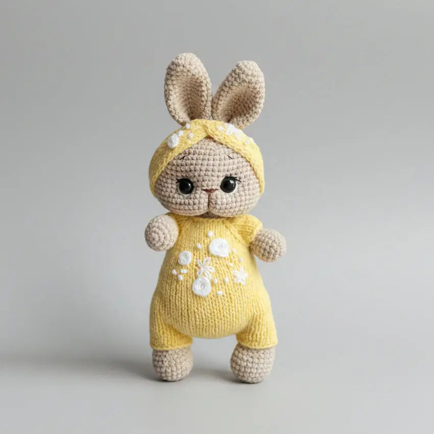 Crocheted bunny in yellow dress with white flower details, standing against gray background