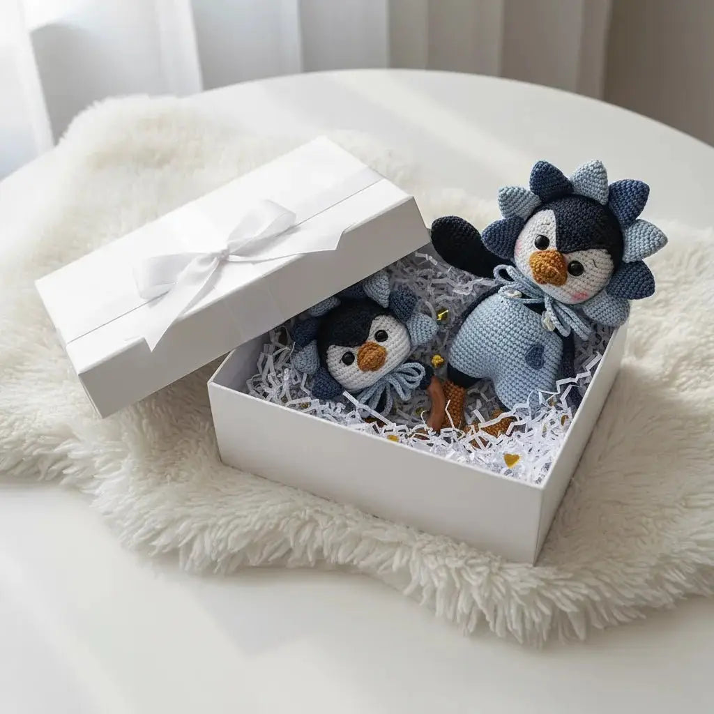 Two crocheted penguin toys nestled in a white gift box with shredded paper, sitting on a fluffy white surface.
