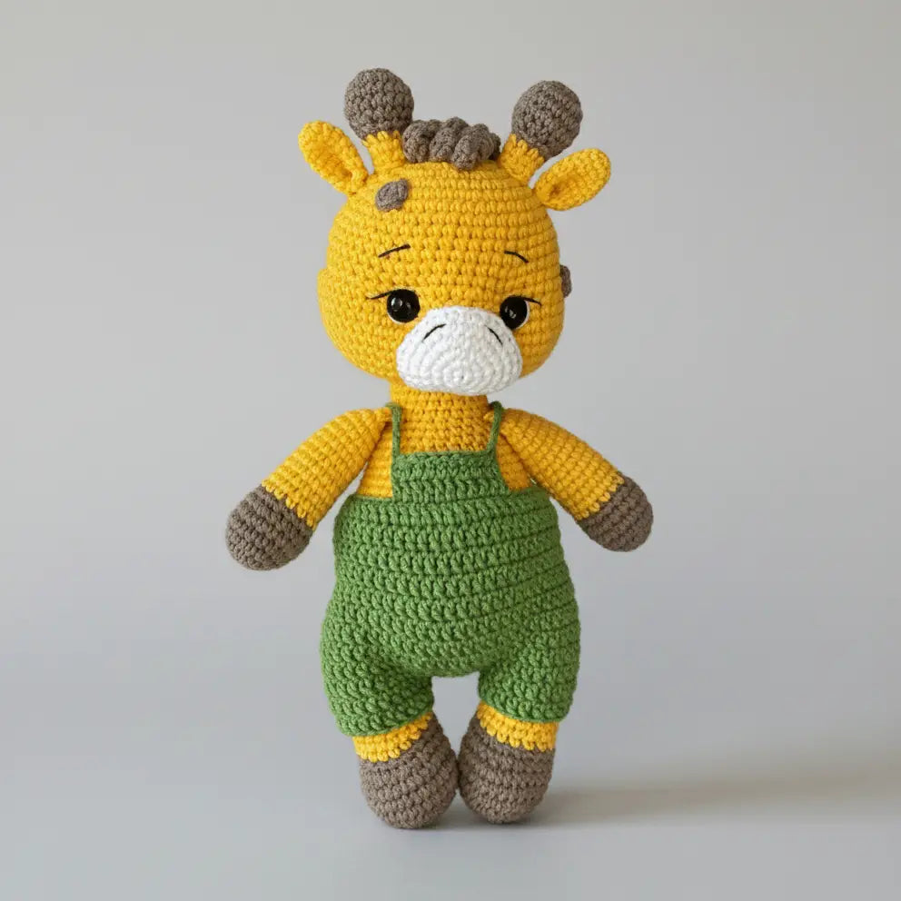 Crocheted yellow giraffe stuffed animal wearing green overalls against neutral background