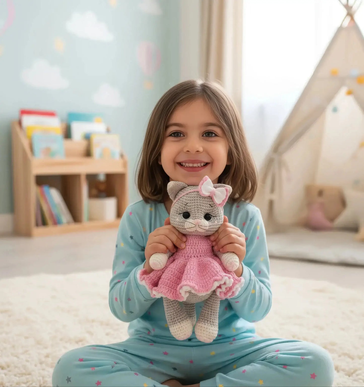 Smiling child holding crocheted cat toy in cozy playroom with teepee and bookshelf