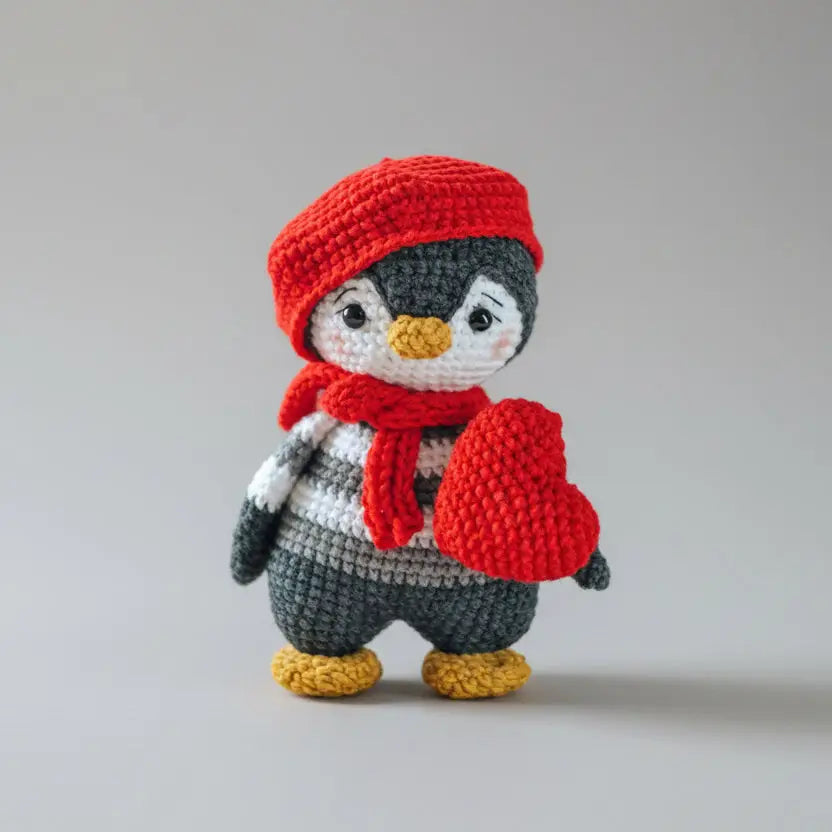 Crocheted penguin in red winter hat and scarf, gray and white with yellow beak