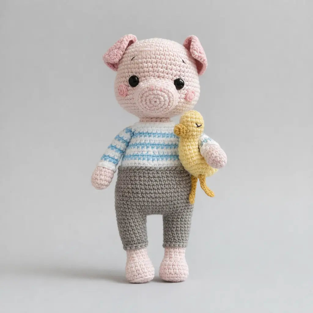 Crochet Cute Piglet Toy with his small Chick Joy Gift London