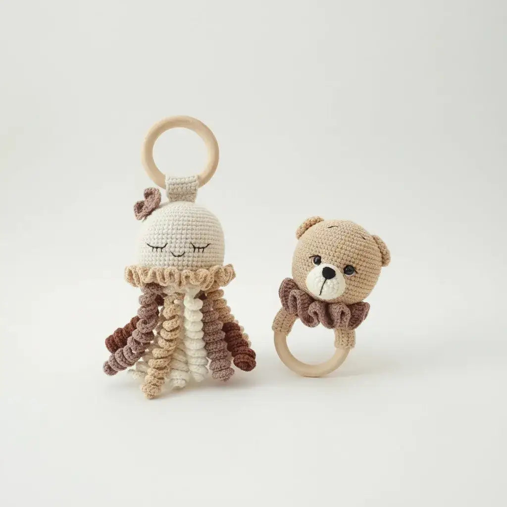 Crochet Cute Teddy Bear in Brown Jumpsuit Toy Gift Set with Rattle Toys 3pcย Joy Gift London