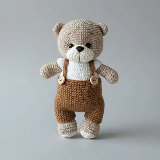 Crochet Cute Teddy Bear in Brown Jumpsuit Toy Gift Set with Rattle Toys 3pc Joy Gift London