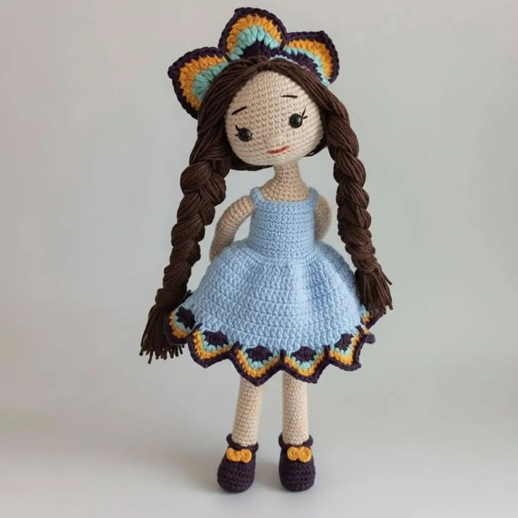 Crocheted doll with long brown braids wearing a light blue dress and colorful flower-like headpiece, standing against a neutral background.