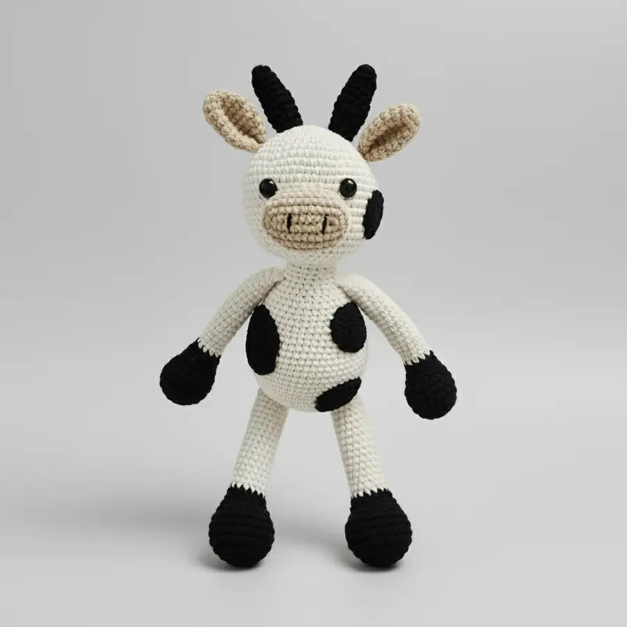 Crocheted cow plush toy with black and white spotted pattern, standing upright against a neutral background.