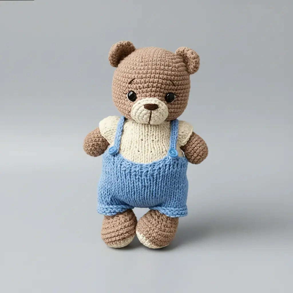 Crocheted teddy bear in blue overalls standing against a gray background