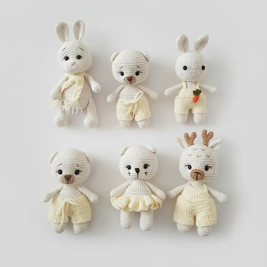 Six crocheted stuffed animals in cream and white, including bunnies and bears, arranged neatly