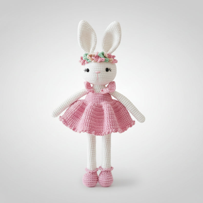 Handmade Crochet Bunny Girl Doll Toy in Dress Joy Gift London