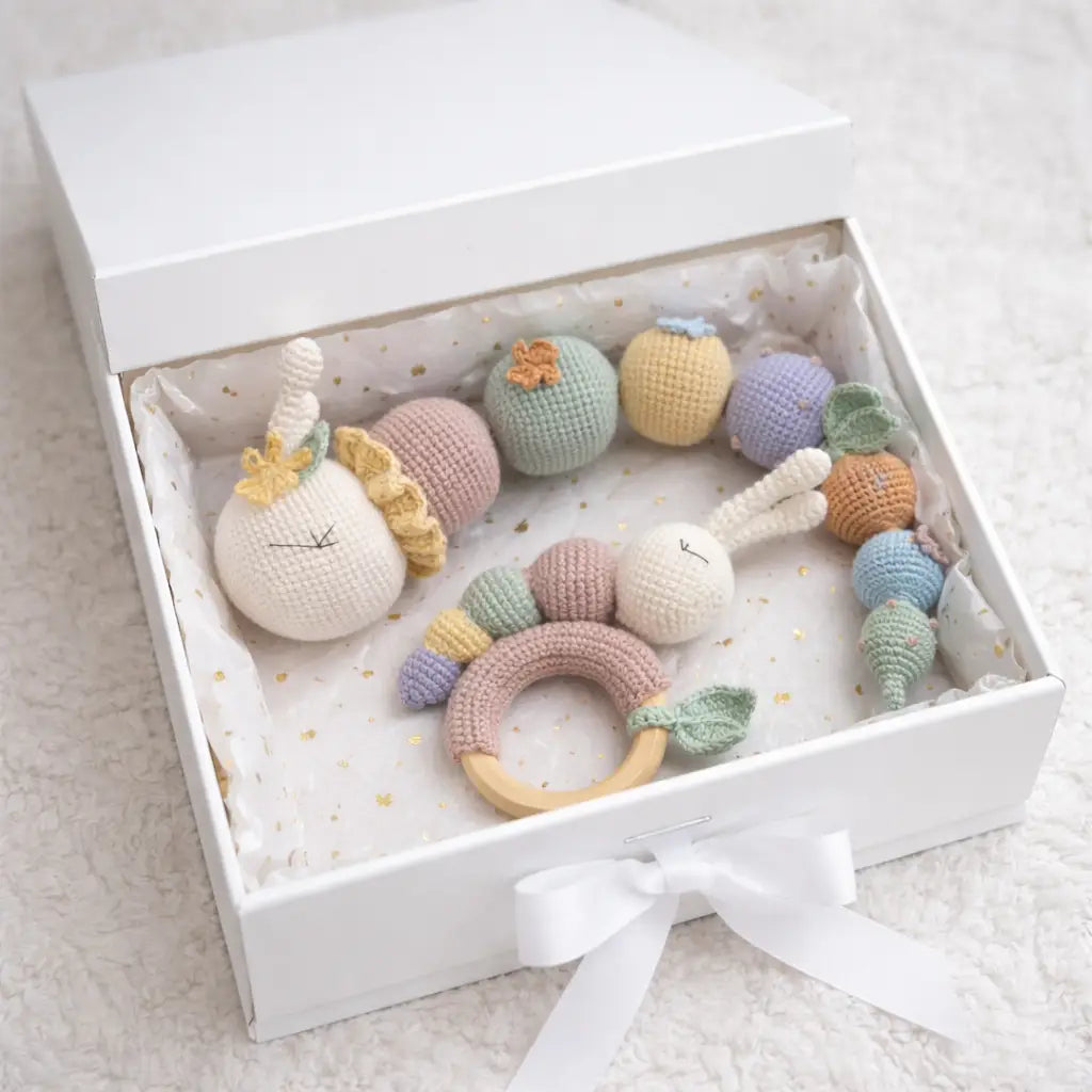 Handmade Crochet Caterpillar Toy and Rattle Set – Colourful Baby Gift (2-Piece) Joy Gift London