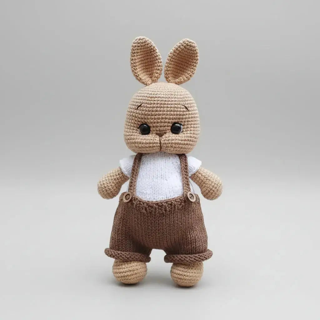 Handmade Crochet Cute Bunny in Brown Jumpsuit and White Jumper Toy Joy Gift London