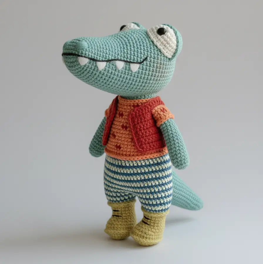 Crocheted blue-green crocodile stuffed animal wearing red vest and striped pants