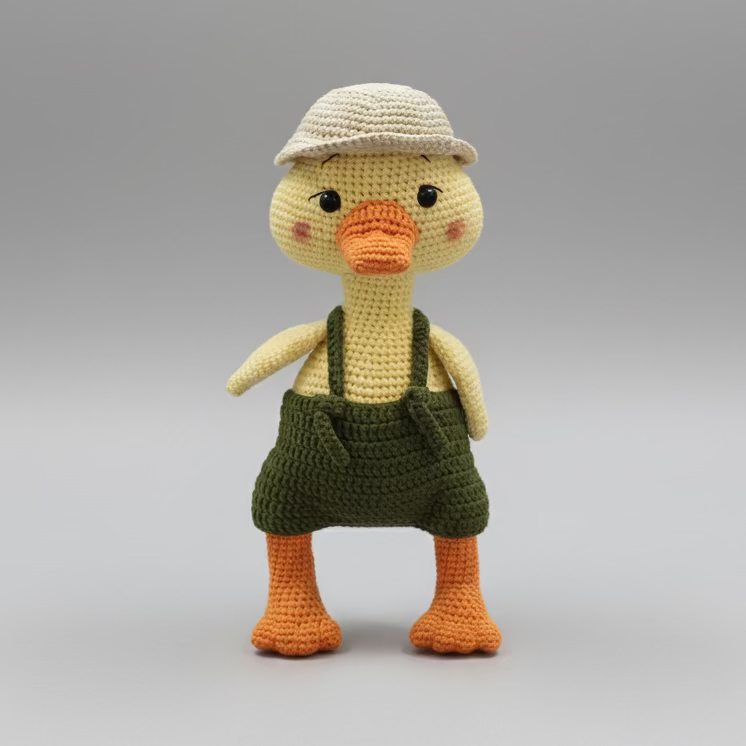 Crocheted duck wearing a hat and green overalls, standing on a gray background