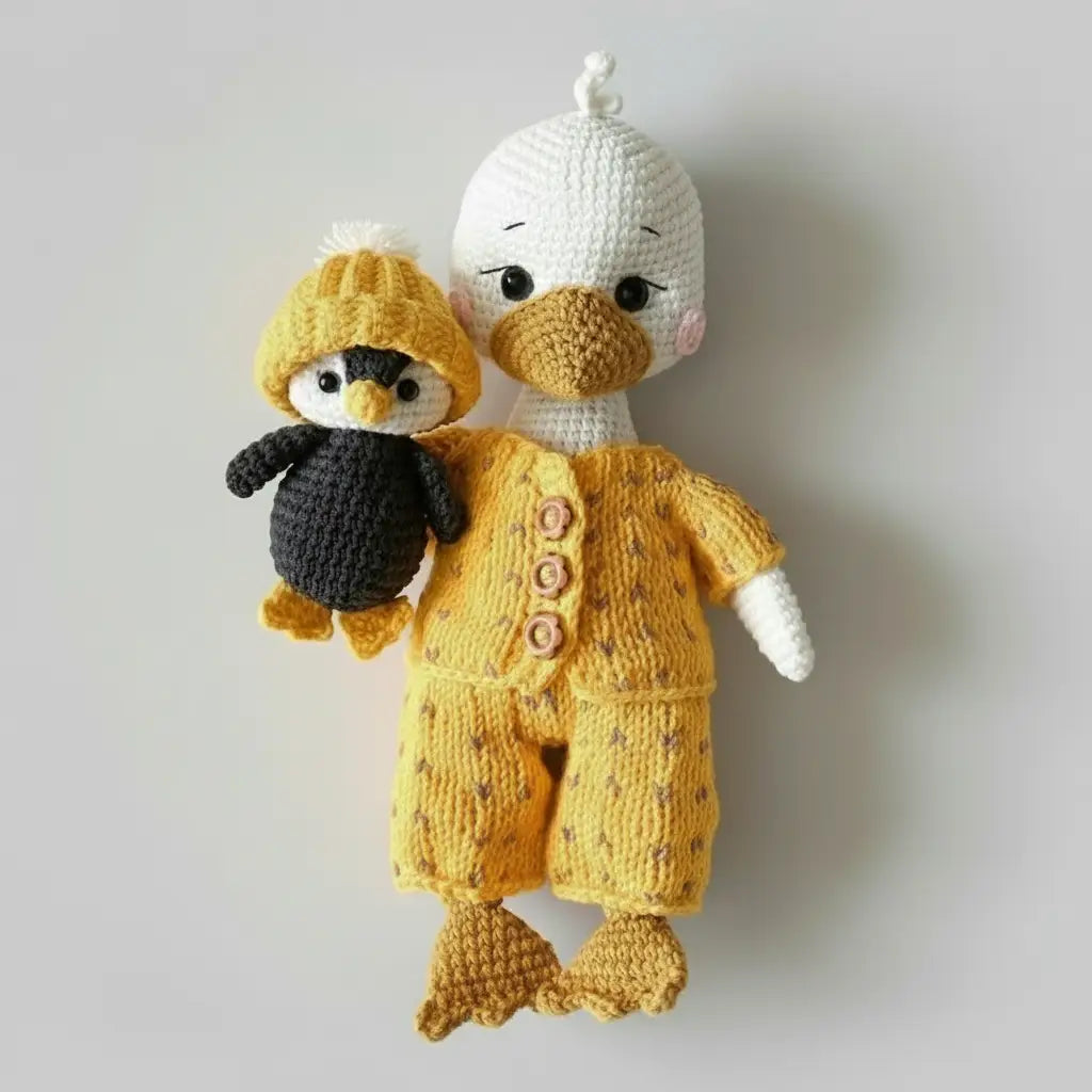 Two crocheted duck dolls in yellow and black, wearing matching knitted outfits with buttons.