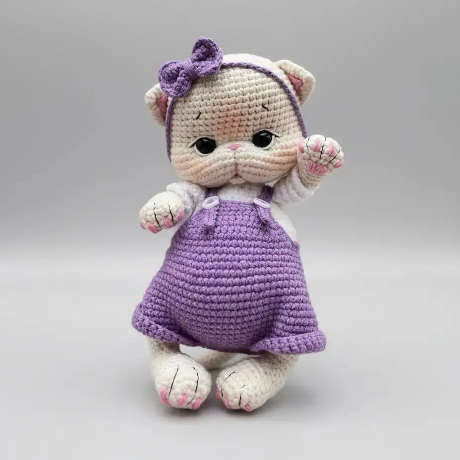 Handmade Crochet Cute Kitten in Fany Purple Jumpsuit Toy Joy Gift London