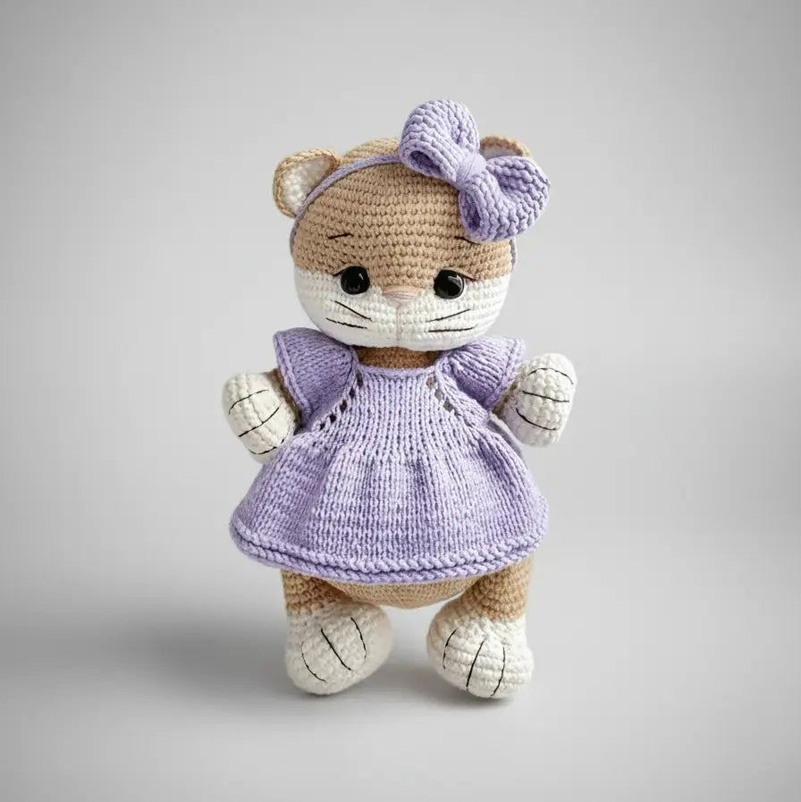 Crocheted teddy bear wearing a lavender dress and bow, standing against a gray background