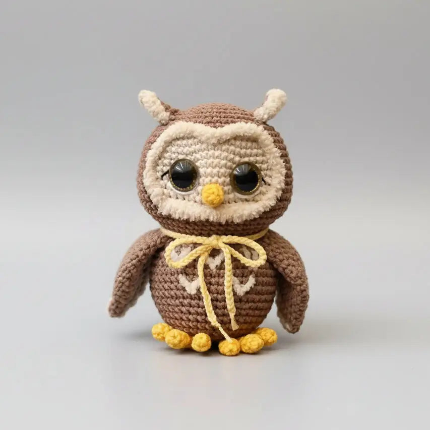 Crocheted owl with big eyes, yellow bow, and yellow feet on neutral background
