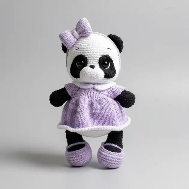 Handmade Crochet Cute Panda in Fany Purple Dress Toy Joy Gift London