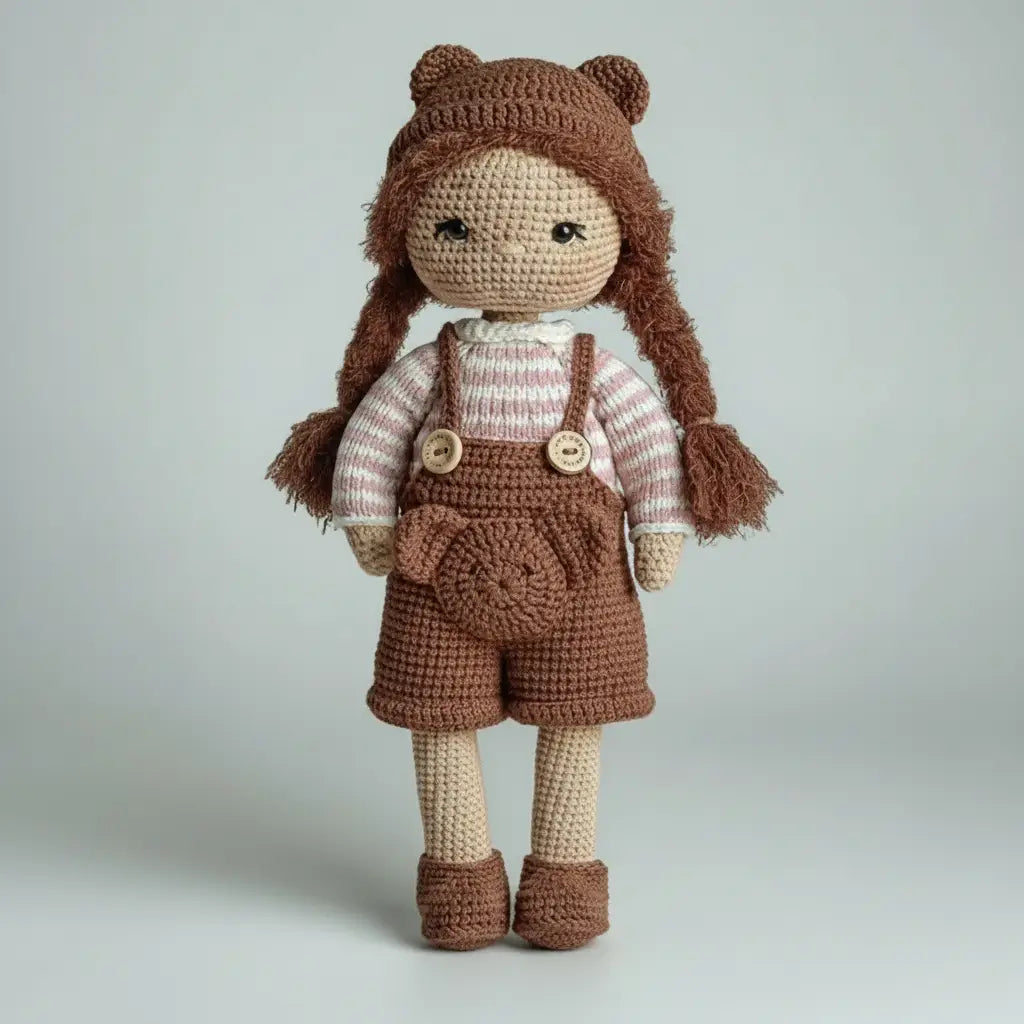 Handmade Crochet Doll in Brown Outfit with Bear Hat Joy Gift London