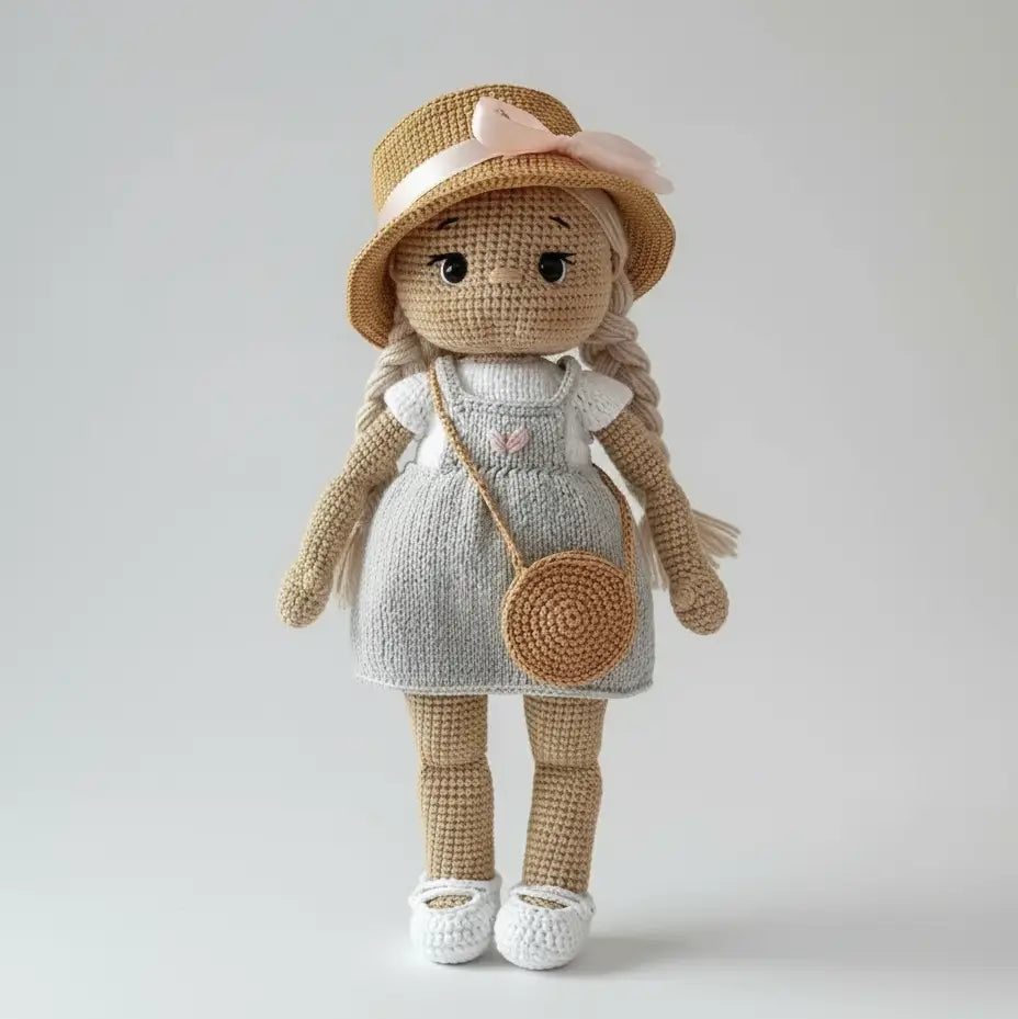 Handmade Crochet Doll in Grey Dress with Hat and Mini Bag Joy Gift London