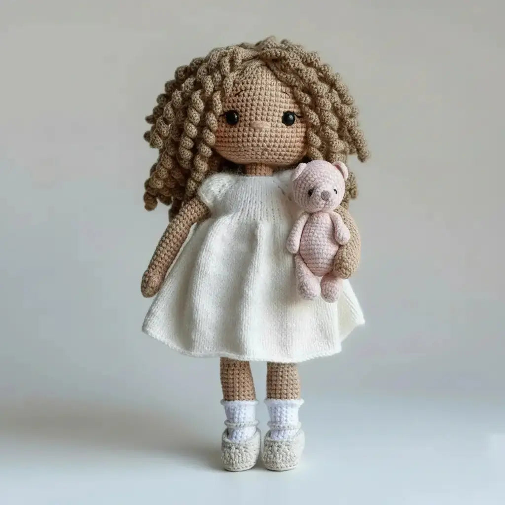 Handmade Crochet Doll in White Dress with Curly Hair & Teddy Bear Joy Gift London