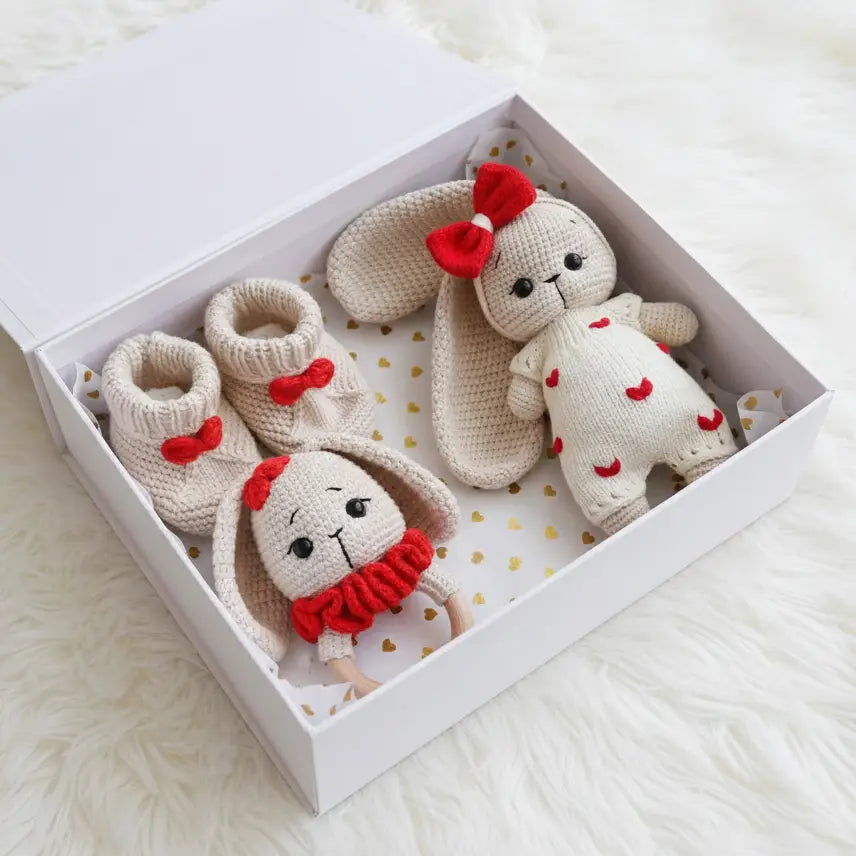 Handmade Crochet Long ear Cute Bunny in White Jumper with hearts Toy Gift Set (3pc) Joy Gift London