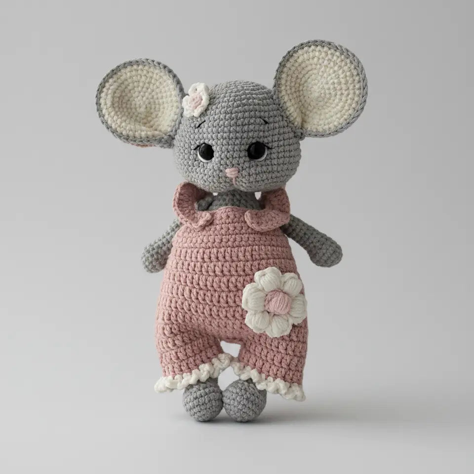Crocheted gray mouse in pink dress with white flower, handmade amigurumi toy