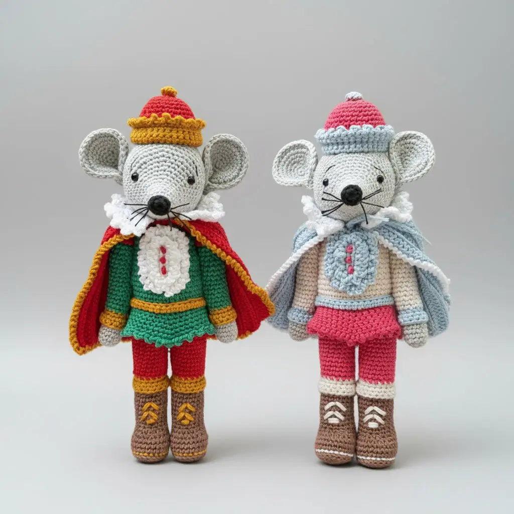 Two crochet mice dolls in colorful medieval costumes with capes and crowns, standing together.