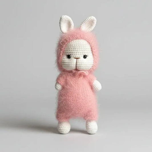 Crocheted pink bunny stuffed animal with fuzzy texture, standing upright