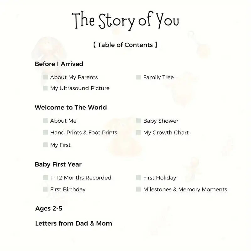 Table of contents for baby book titled "The Story of You", with sections covering pregnancy, birth, first year, and early childhood milestones.