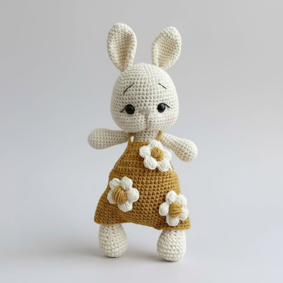 Crocheted white bunny wearing mustard dress with white flower appliques