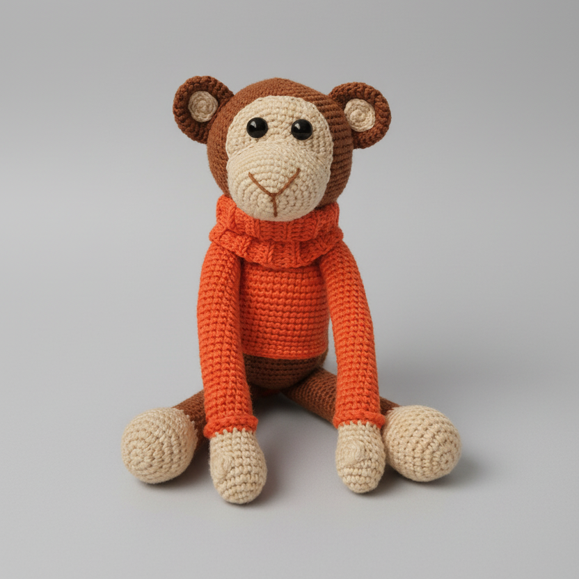 Crocheted monkey in orange sweater, sitting with soft brown and cream yarn details