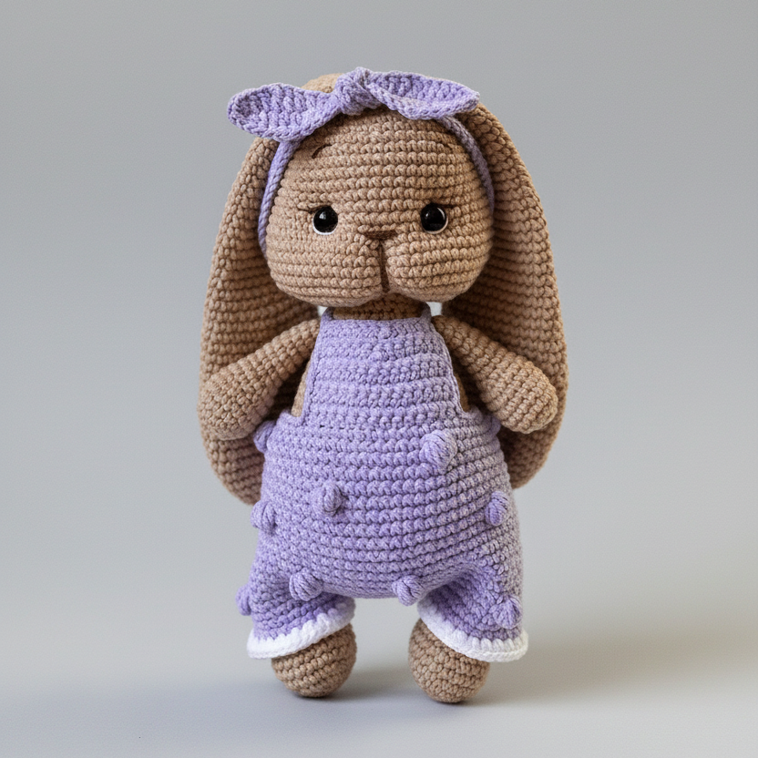 Crocheted bunny with long ears wearing a lavender dress and bow