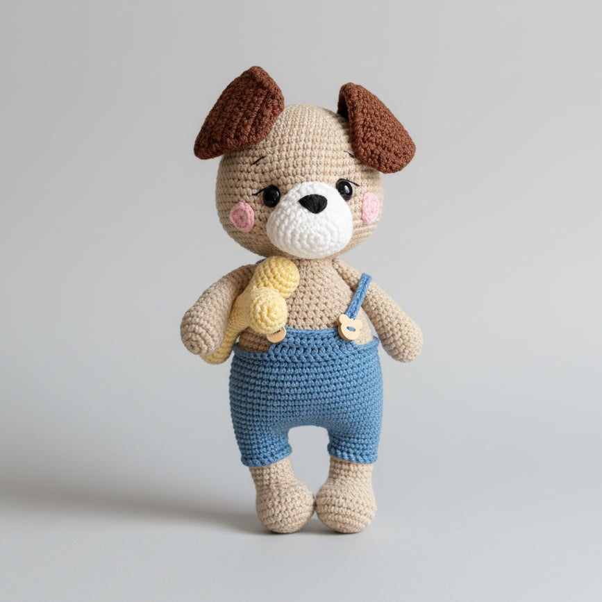 Crocheted puppy wearing blue overalls, holding a yellow banana and blue utensil