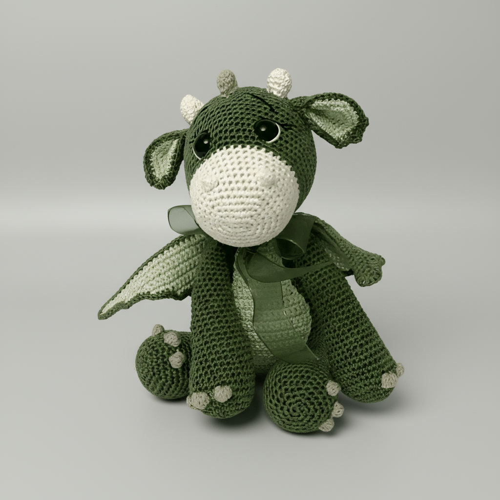 Green crocheted dragon stuffed animal with white belly, sitting against neutral background