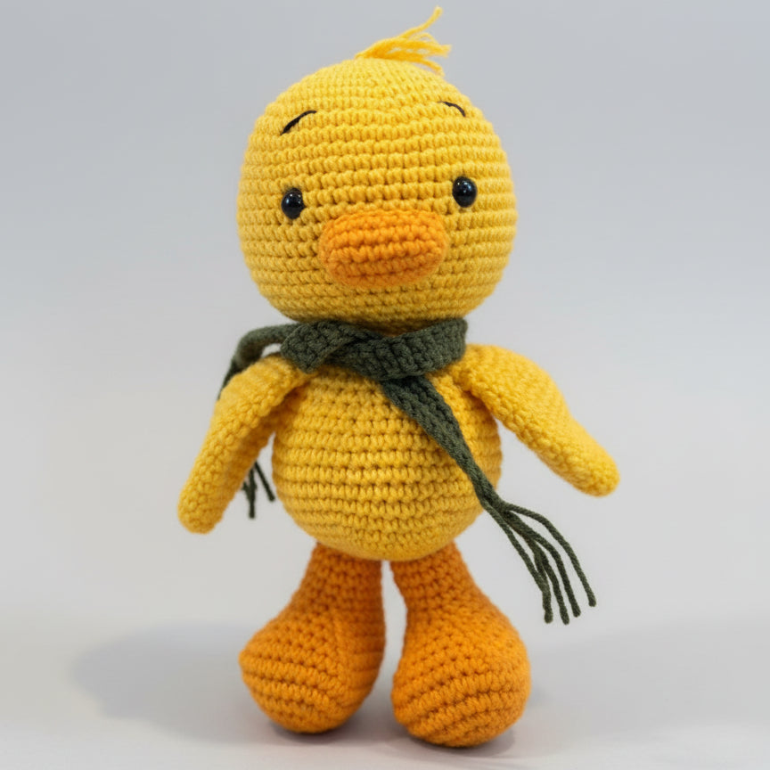 Crocheted yellow duck with green scarf, sitting against a light background