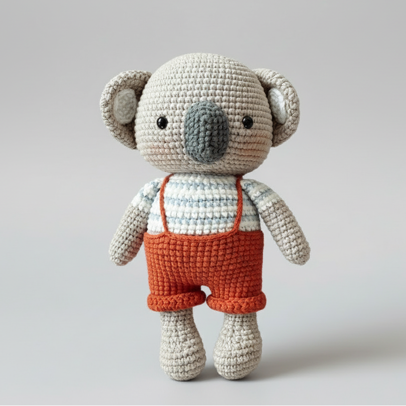 Crocheted koala stuffed animal wearing orange overalls on neutral background