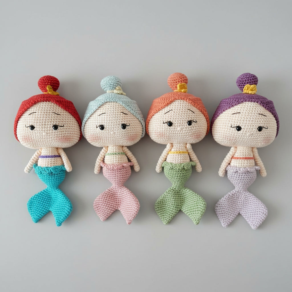 Four crocheted mermaid dolls in different colors, arranged side by side on a gray background