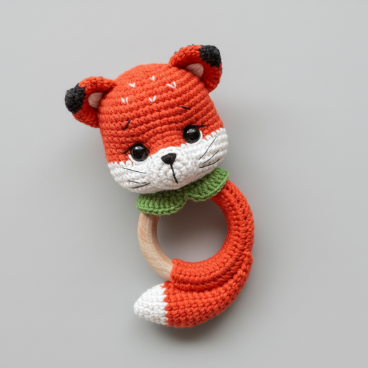 Crocheted fox-shaped baby rattle with green collar on wooden background