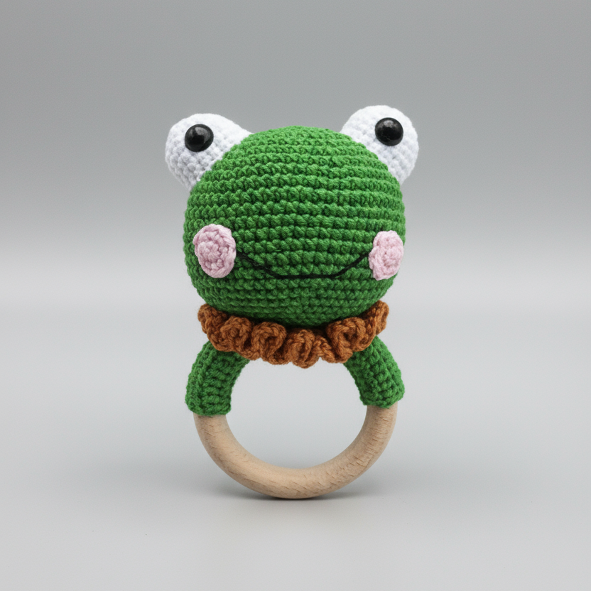 Crocheted green frog baby rattle with wooden teething ring on gray background