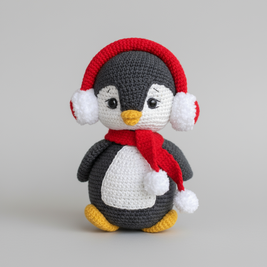 Crocheted penguin with red scarf and earmuffs against neutral background