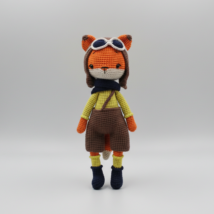 Crocheted fox doll in pilot outfit with goggles, yellow shirt, and brown overalls