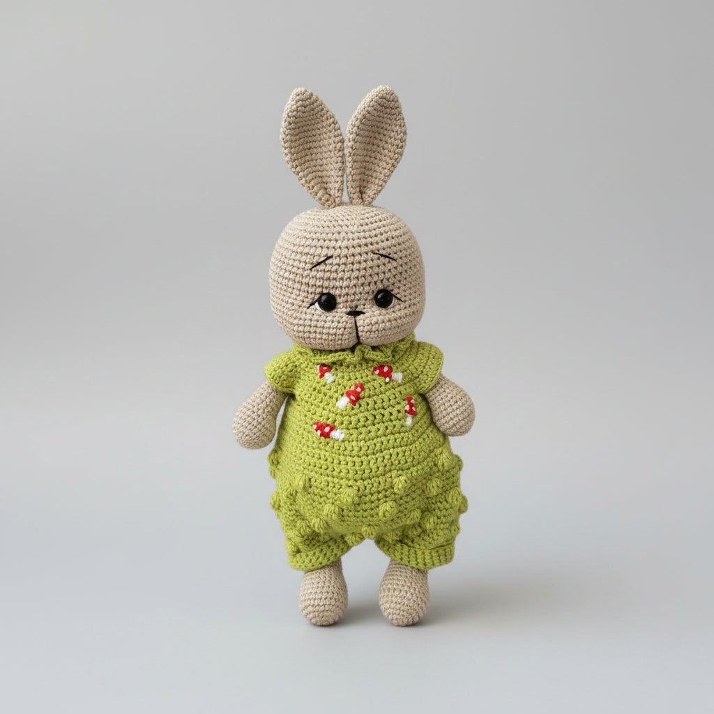 Crocheted bunny in green overalls with red mushroom embroidery, standing against gray background